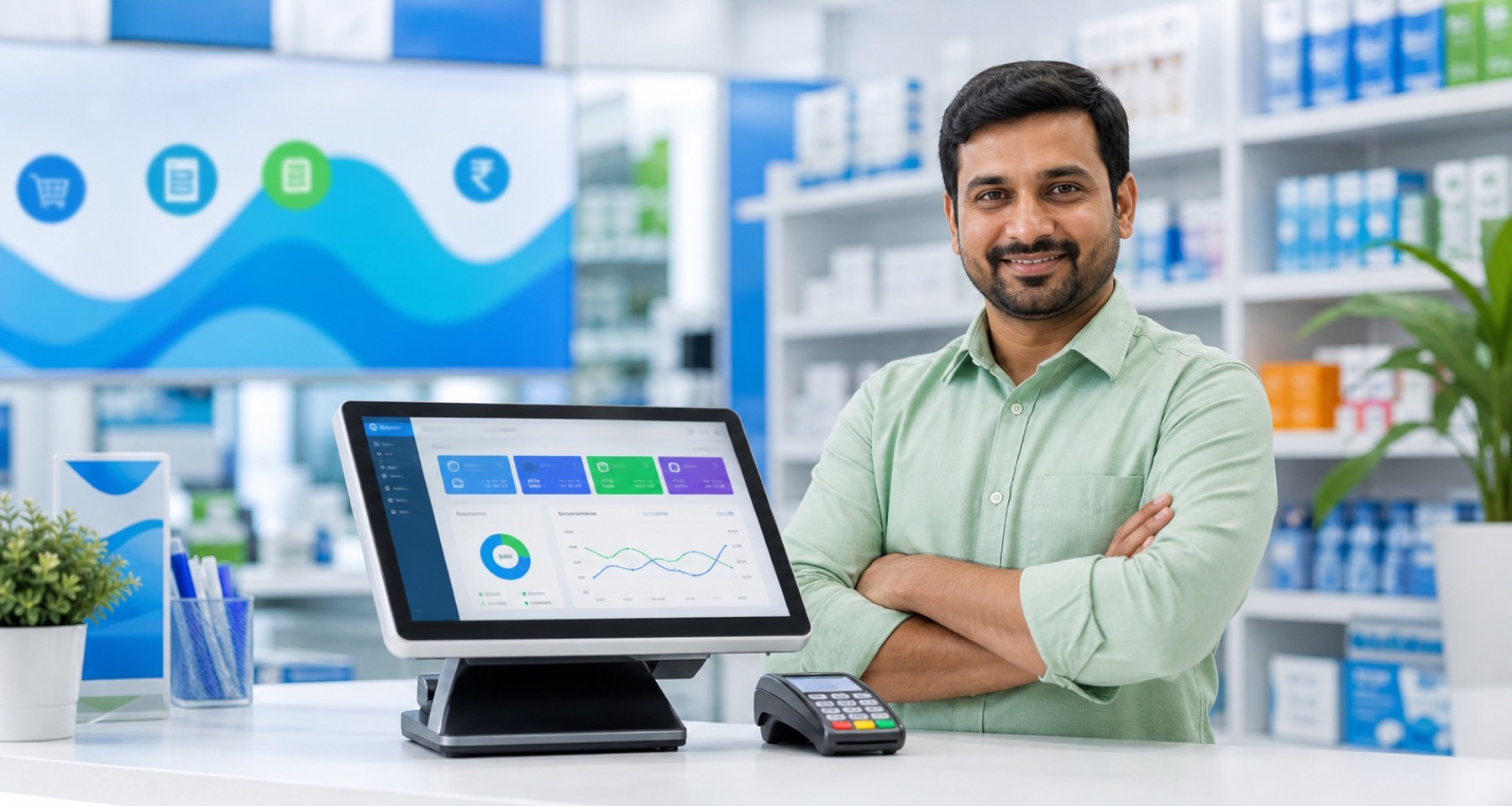Retail counter with an all-in-one Bhugtan service dashboard terminal