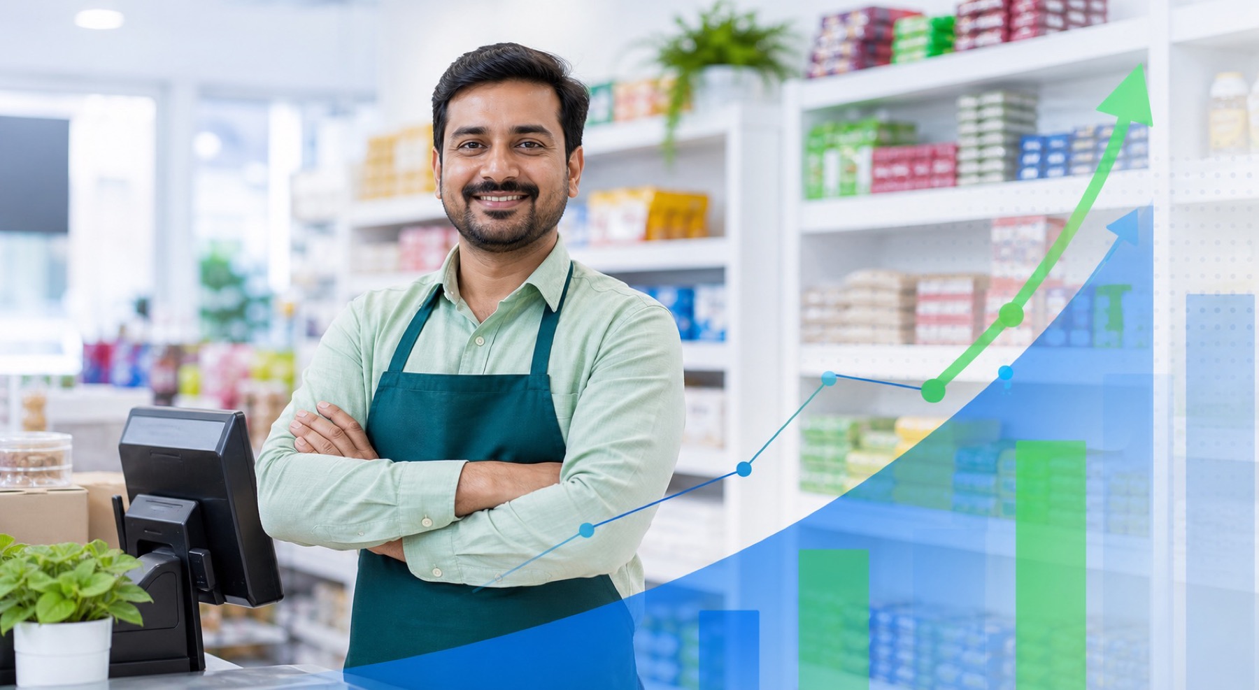 Store owner reviewing business growth from payment services